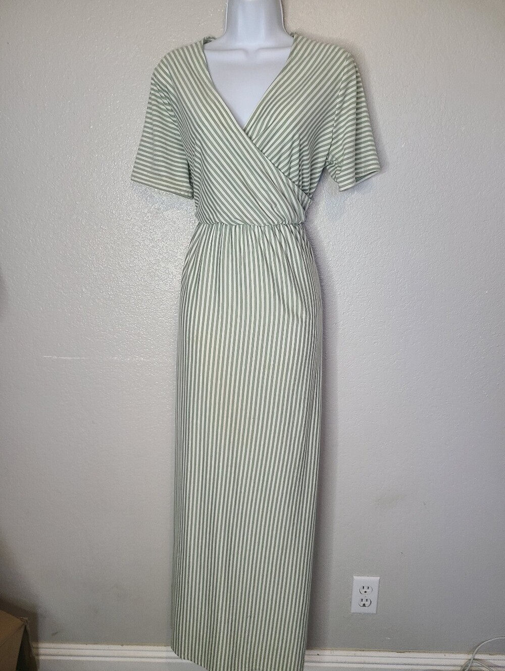 Ces Femme Striped Sage Green & Cream Mock Wrap Maxi Dress V Neck Short Sleeve